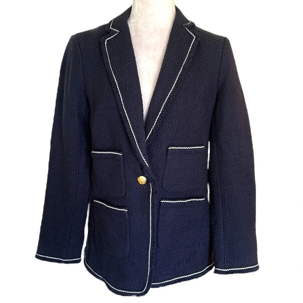 Talbots Navy Blue & White Tweed Gold Crested Button Blazer - 6 - Picture 3 of 14